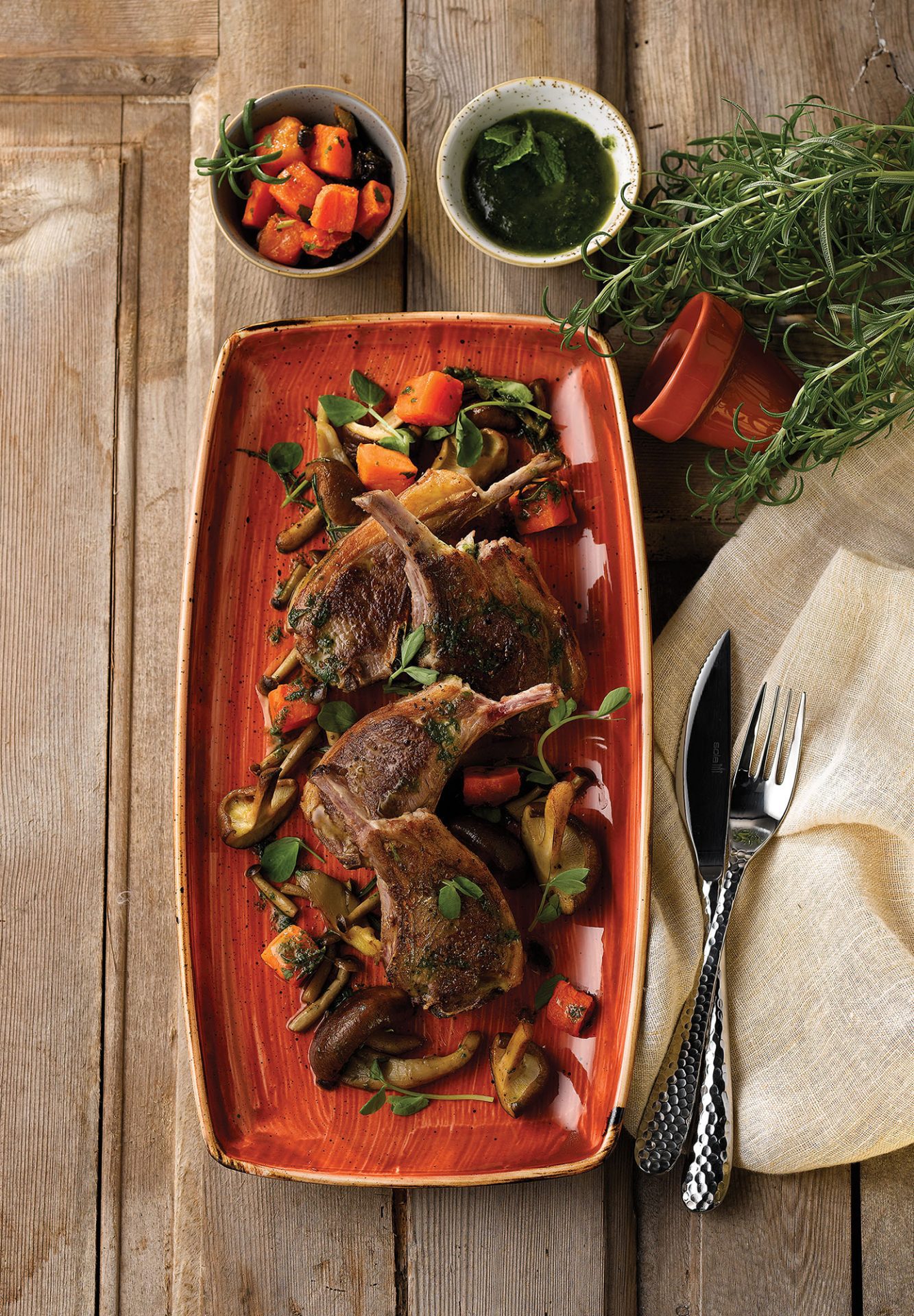 STONECAST SPICED ORANGE RECTANGULAR PLATE LAMB BOT LIMA OVERHEAD