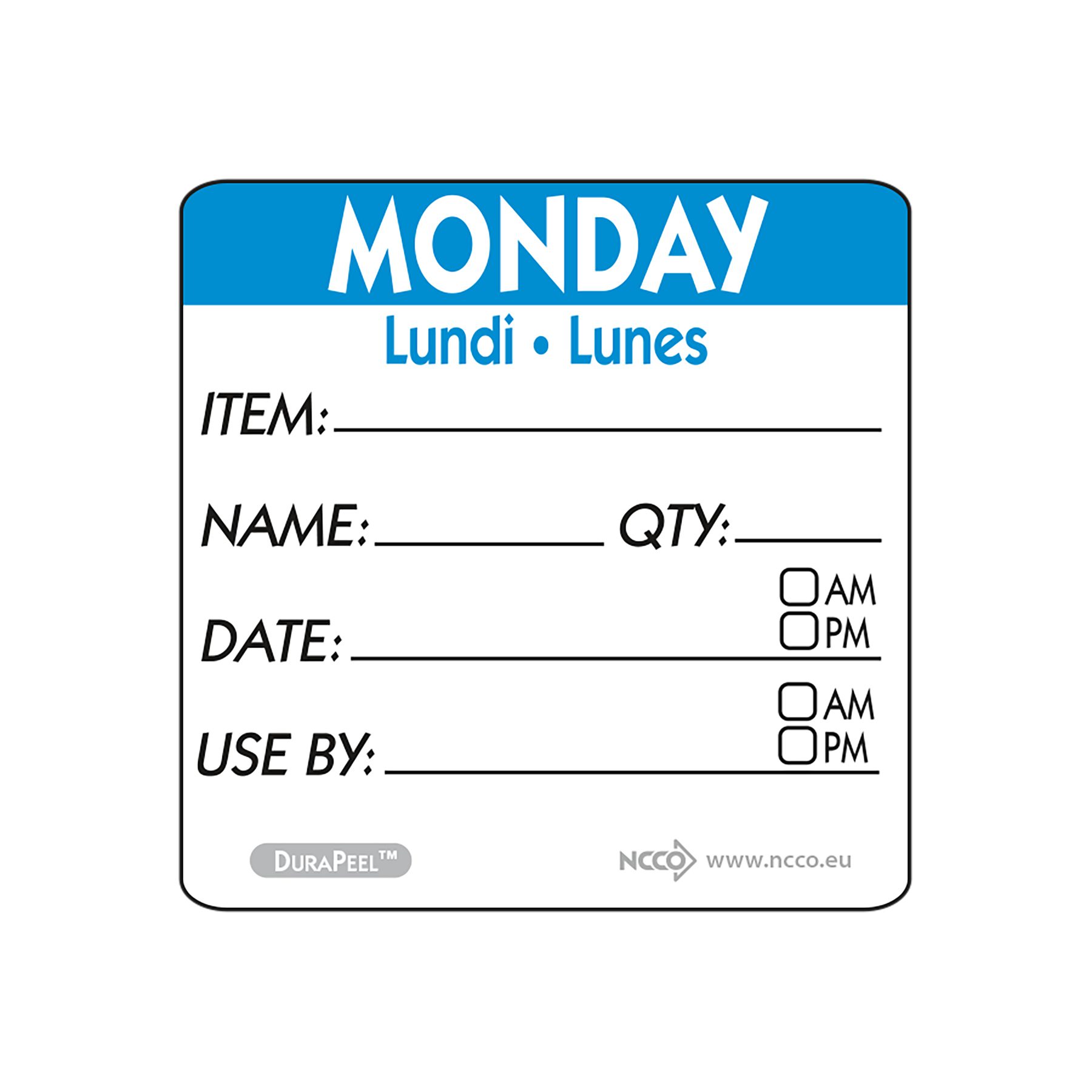 Trilingual Item/Date/Use By DuraPeel Labels 50mm Monday